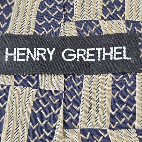 Henry Grethel Mens Tie Italian Silk Tie Geometric Beige Navy Pattern Vintage - Picture 2 of 8
